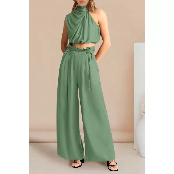 imagePRETTYGARDEN Womens 2 Piece Outfits 2023 Summer Casual Sleeveless Mock Neck Crop Tops Wide Leg Pants SetLight Green