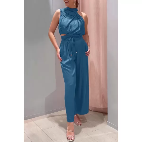 imagePRETTYGARDEN Womens 2 Piece Outfits 2023 Summer Casual Sleeveless Mock Neck Crop Tops Wide Leg Pants SetLight Lake Blue