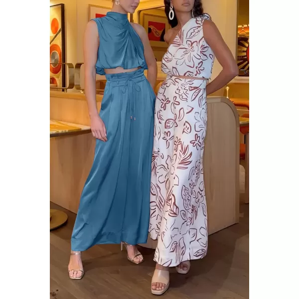 imagePRETTYGARDEN Womens 2 Piece Outfits 2023 Summer Casual Sleeveless Mock Neck Crop Tops Wide Leg Pants SetLight Lake Blue