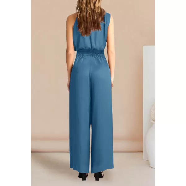imagePRETTYGARDEN Womens 2 Piece Outfits 2023 Summer Casual Sleeveless Mock Neck Crop Tops Wide Leg Pants SetLight Lake Blue