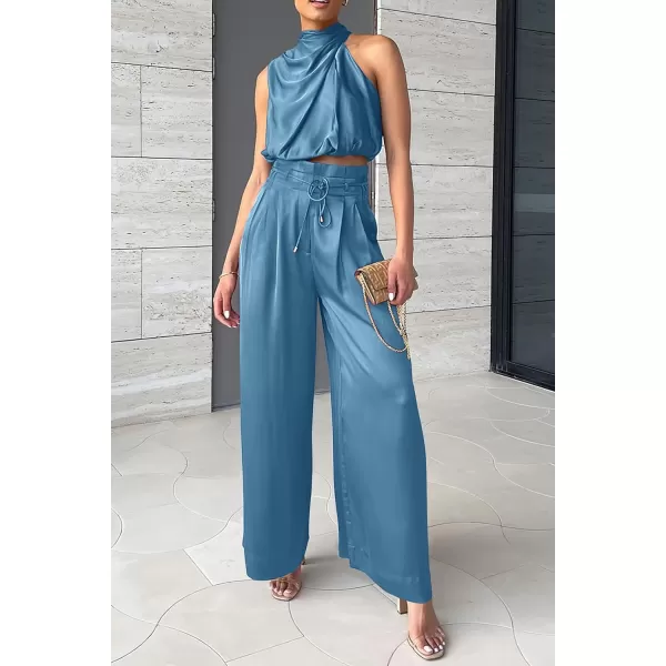 imagePRETTYGARDEN Womens 2 Piece Outfits 2023 Summer Casual Sleeveless Mock Neck Crop Tops Wide Leg Pants SetLight Lake Blue