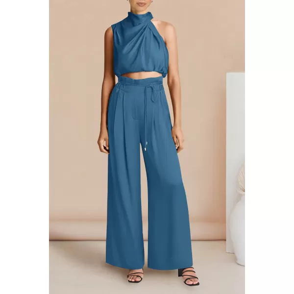 imagePRETTYGARDEN Womens 2 Piece Outfits 2023 Summer Casual Sleeveless Mock Neck Crop Tops Wide Leg Pants SetLight Lake Blue
