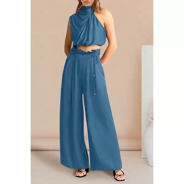 imagePRETTYGARDEN Womens 2 Piece Outfits 2023 Summer Casual Sleeveless Mock Neck Crop Tops Wide Leg Pants SetLight Lake Blue