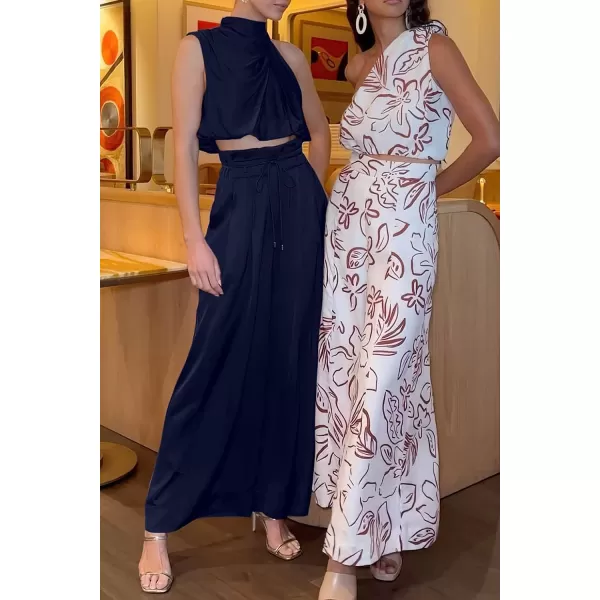 imagePRETTYGARDEN Womens 2 Piece Outfits 2023 Summer Casual Sleeveless Mock Neck Crop Tops Wide Leg Pants SetNavy