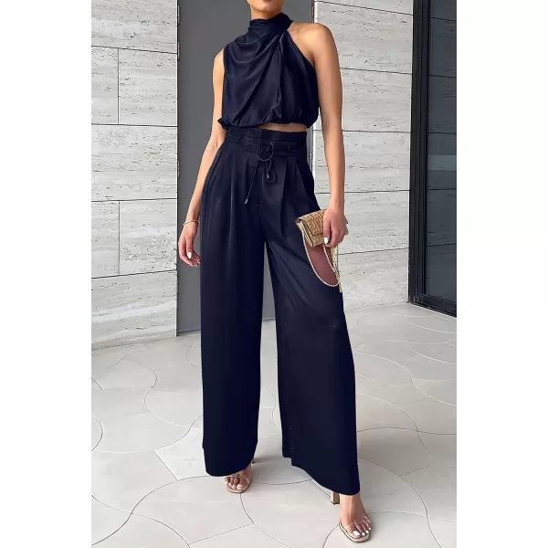 imagePRETTYGARDEN Womens 2 Piece Outfits 2023 Summer Casual Sleeveless Mock Neck Crop Tops Wide Leg Pants SetNavy