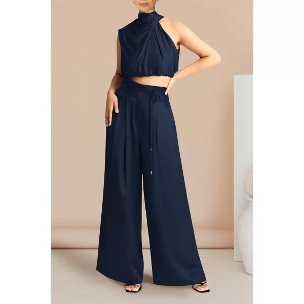 imagePRETTYGARDEN Womens 2 Piece Outfits 2023 Summer Casual Sleeveless Mock Neck Crop Tops Wide Leg Pants SetNavy