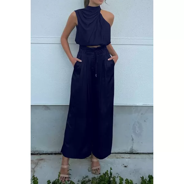 imagePRETTYGARDEN Womens 2 Piece Outfits 2023 Summer Casual Sleeveless Mock Neck Crop Tops Wide Leg Pants SetNavy