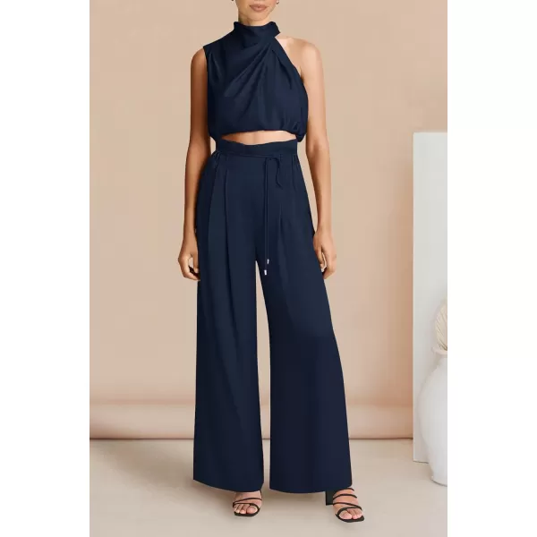 imagePRETTYGARDEN Womens 2 Piece Outfits 2023 Summer Casual Sleeveless Mock Neck Crop Tops Wide Leg Pants SetNavy