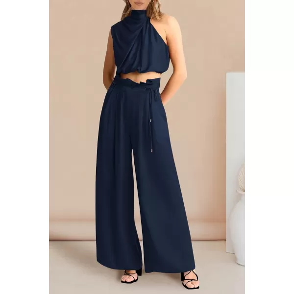 imagePRETTYGARDEN Womens 2 Piece Outfits 2023 Summer Casual Sleeveless Mock Neck Crop Tops Wide Leg Pants SetNavy