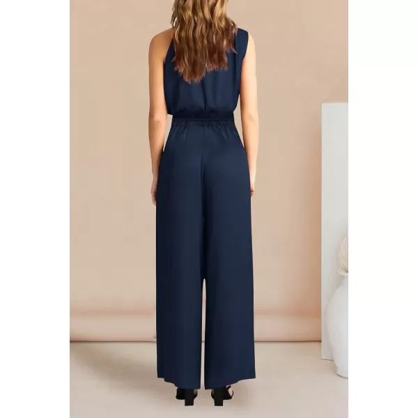 imagePRETTYGARDEN Womens 2 Piece Outfits 2023 Summer Casual Sleeveless Mock Neck Crop Tops Wide Leg Pants SetNavy