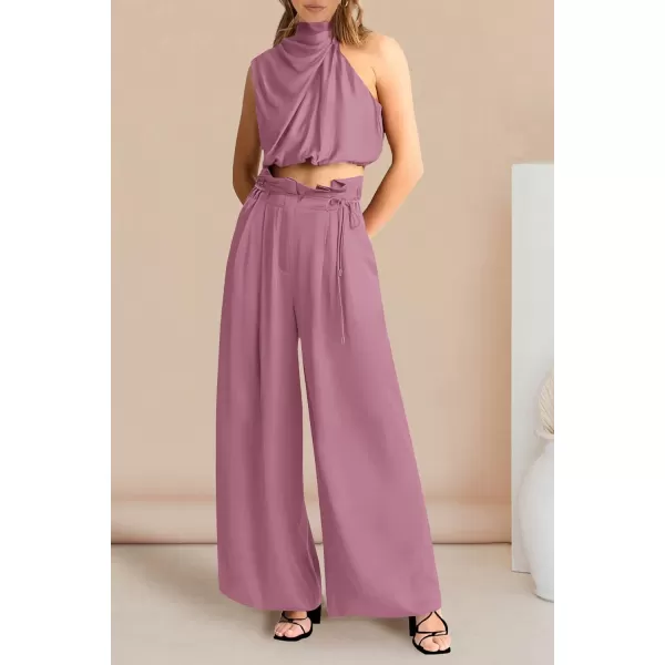 imagePRETTYGARDEN Womens 2 Piece Outfits 2023 Summer Casual Sleeveless Mock Neck Crop Tops Wide Leg Pants SetPink