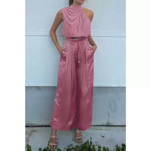 imagePRETTYGARDEN Womens 2 Piece Outfits 2023 Summer Casual Sleeveless Mock Neck Crop Tops Wide Leg Pants SetPink