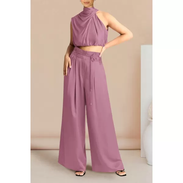 imagePRETTYGARDEN Womens 2 Piece Outfits 2023 Summer Casual Sleeveless Mock Neck Crop Tops Wide Leg Pants SetPink
