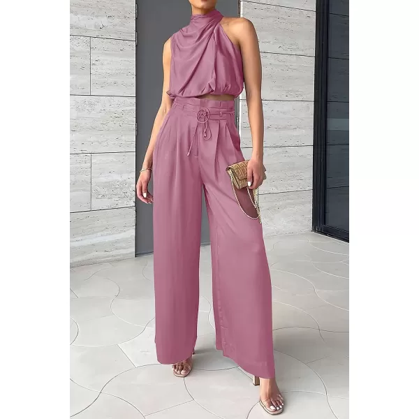imagePRETTYGARDEN Womens 2 Piece Outfits 2023 Summer Casual Sleeveless Mock Neck Crop Tops Wide Leg Pants SetPink
