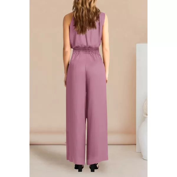 imagePRETTYGARDEN Womens 2 Piece Outfits 2023 Summer Casual Sleeveless Mock Neck Crop Tops Wide Leg Pants SetPink