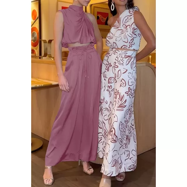 imagePRETTYGARDEN Womens 2 Piece Outfits 2023 Summer Casual Sleeveless Mock Neck Crop Tops Wide Leg Pants SetPink