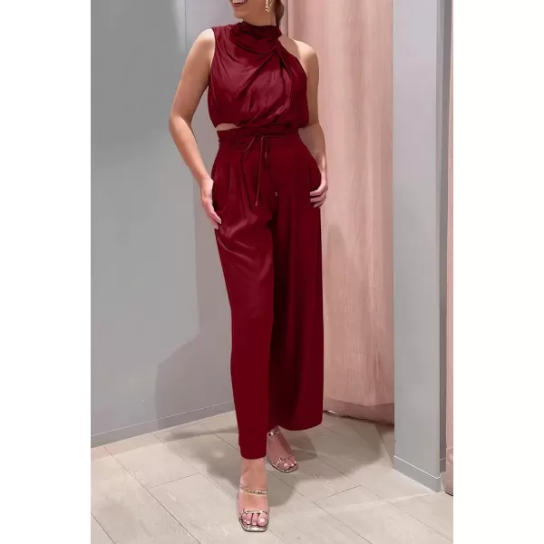 imagePRETTYGARDEN Womens 2 Piece Outfits 2023 Summer Casual Sleeveless Mock Neck Crop Tops Wide Leg Pants SetRed