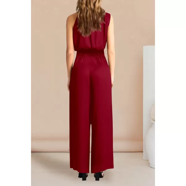 imagePRETTYGARDEN Womens 2 Piece Outfits 2023 Summer Casual Sleeveless Mock Neck Crop Tops Wide Leg Pants SetRed