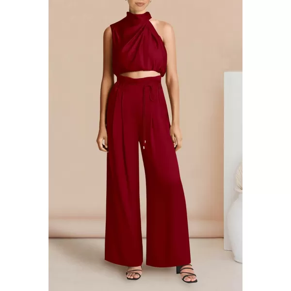 imagePRETTYGARDEN Womens 2 Piece Outfits 2023 Summer Casual Sleeveless Mock Neck Crop Tops Wide Leg Pants SetRed