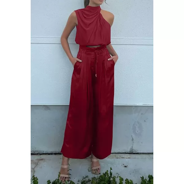 imagePRETTYGARDEN Womens 2 Piece Outfits 2023 Summer Casual Sleeveless Mock Neck Crop Tops Wide Leg Pants SetRed