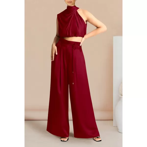 imagePRETTYGARDEN Womens 2 Piece Outfits 2023 Summer Casual Sleeveless Mock Neck Crop Tops Wide Leg Pants SetRed