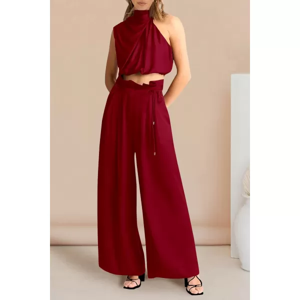 imagePRETTYGARDEN Womens 2 Piece Outfits 2023 Summer Casual Sleeveless Mock Neck Crop Tops Wide Leg Pants SetRed