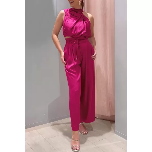 imagePRETTYGARDEN Womens 2 Piece Outfits 2023 Summer Casual Sleeveless Mock Neck Crop Tops Wide Leg Pants SetRose Red