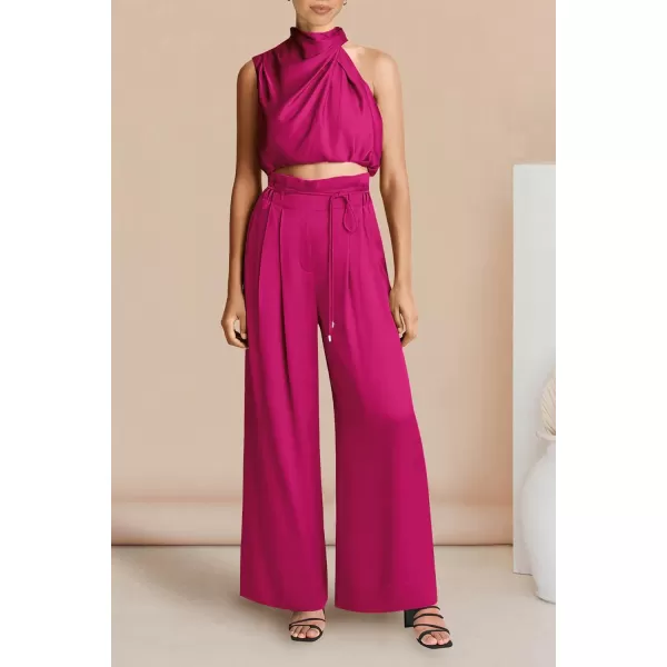 imagePRETTYGARDEN Womens 2 Piece Outfits 2023 Summer Casual Sleeveless Mock Neck Crop Tops Wide Leg Pants SetRose Red
