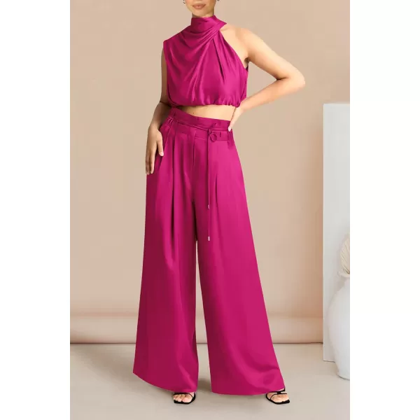 imagePRETTYGARDEN Womens 2 Piece Outfits 2023 Summer Casual Sleeveless Mock Neck Crop Tops Wide Leg Pants SetRose Red