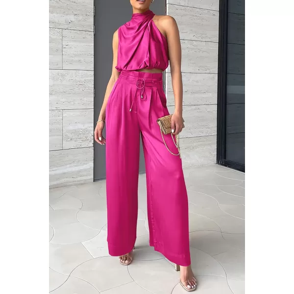 imagePRETTYGARDEN Womens 2 Piece Outfits 2023 Summer Casual Sleeveless Mock Neck Crop Tops Wide Leg Pants SetRose Red