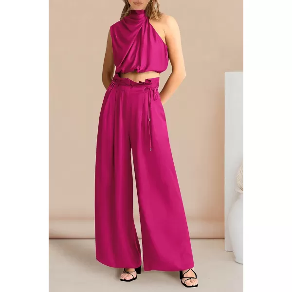 imagePRETTYGARDEN Womens 2 Piece Outfits 2023 Summer Casual Sleeveless Mock Neck Crop Tops Wide Leg Pants SetRose Red