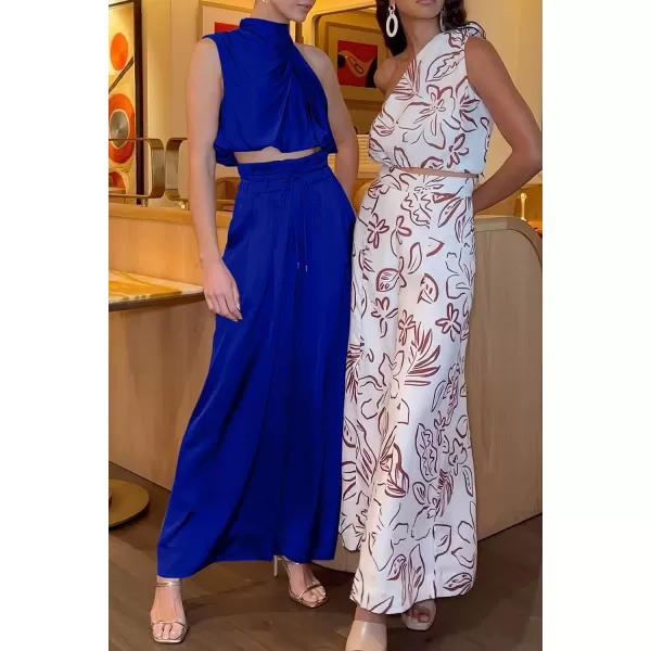 imagePRETTYGARDEN Womens 2 Piece Outfits 2023 Summer Casual Sleeveless Mock Neck Crop Tops Wide Leg Pants SetRoyal Blue