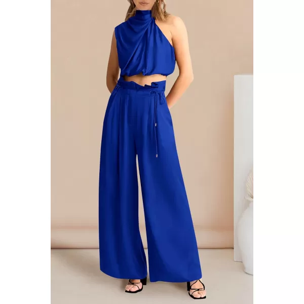 imagePRETTYGARDEN Womens 2 Piece Outfits 2023 Summer Casual Sleeveless Mock Neck Crop Tops Wide Leg Pants SetRoyal Blue
