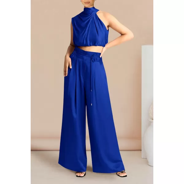 imagePRETTYGARDEN Womens 2 Piece Outfits 2023 Summer Casual Sleeveless Mock Neck Crop Tops Wide Leg Pants SetRoyal Blue