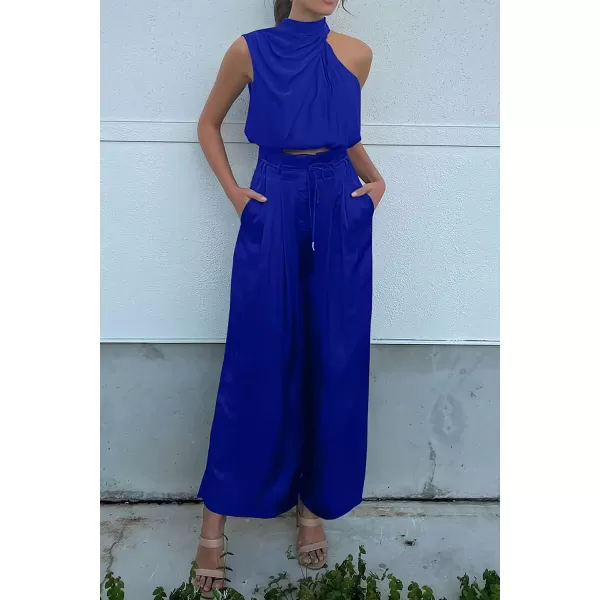 imagePRETTYGARDEN Womens 2 Piece Outfits 2023 Summer Casual Sleeveless Mock Neck Crop Tops Wide Leg Pants SetRoyal Blue