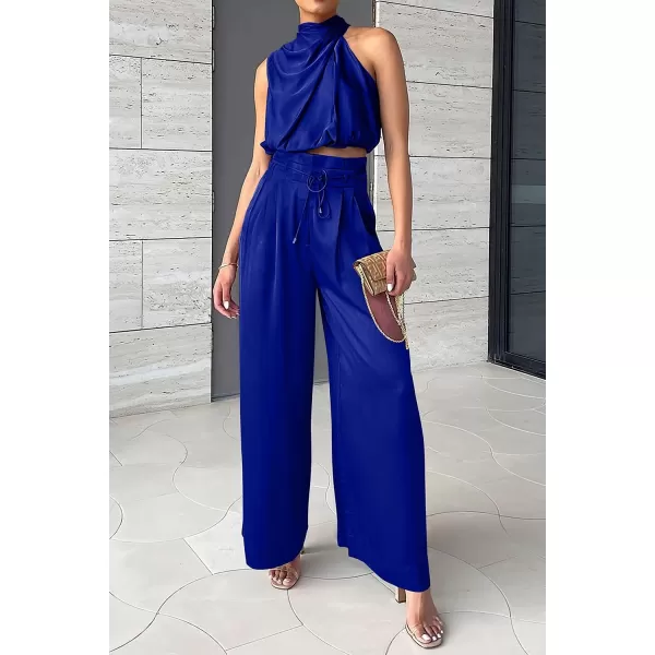 imagePRETTYGARDEN Womens 2 Piece Outfits 2023 Summer Casual Sleeveless Mock Neck Crop Tops Wide Leg Pants SetRoyal Blue