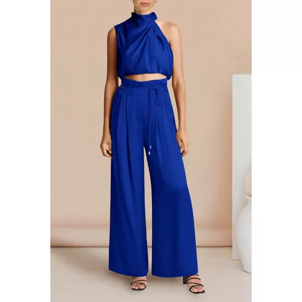imagePRETTYGARDEN Womens 2 Piece Outfits 2023 Summer Casual Sleeveless Mock Neck Crop Tops Wide Leg Pants SetRoyal Blue