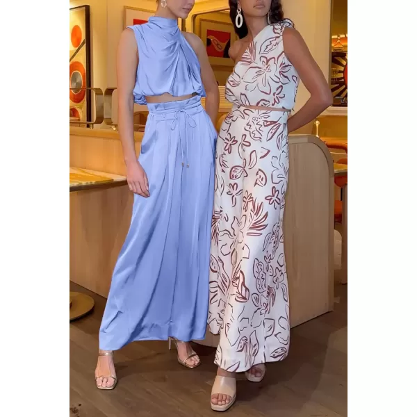 imagePRETTYGARDEN Womens 2 Piece Outfits 2023 Summer Casual Sleeveless Mock Neck Crop Tops Wide Leg Pants SetSky Blue