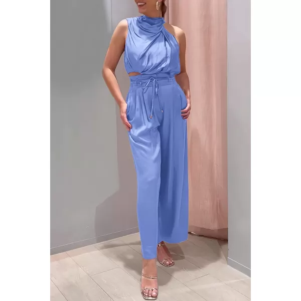 imagePRETTYGARDEN Womens 2 Piece Outfits 2023 Summer Casual Sleeveless Mock Neck Crop Tops Wide Leg Pants SetSky Blue