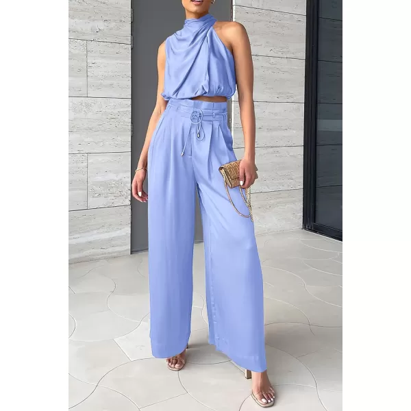 imagePRETTYGARDEN Womens 2 Piece Outfits 2023 Summer Casual Sleeveless Mock Neck Crop Tops Wide Leg Pants SetSky Blue