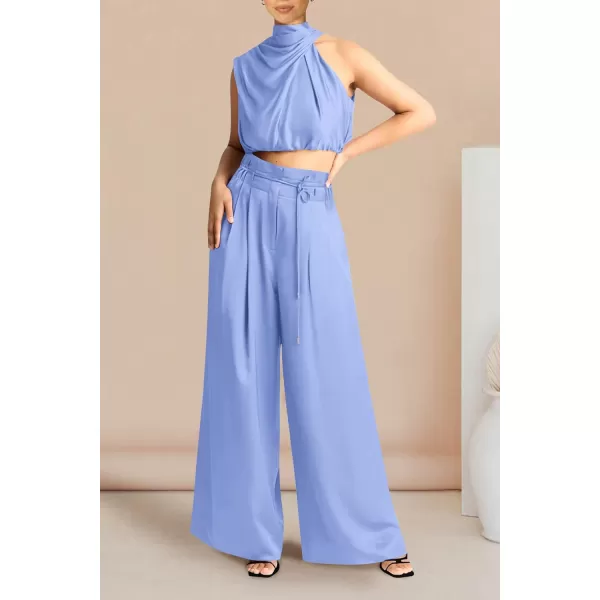 imagePRETTYGARDEN Womens 2 Piece Outfits 2023 Summer Casual Sleeveless Mock Neck Crop Tops Wide Leg Pants SetSky Blue