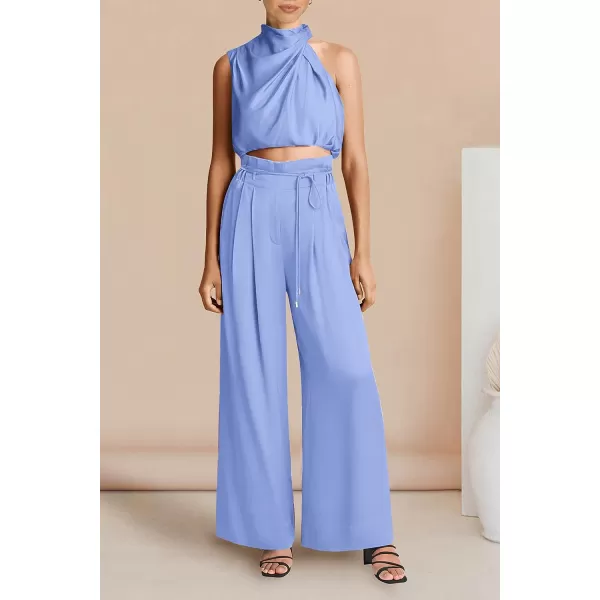 imagePRETTYGARDEN Womens 2 Piece Outfits 2023 Summer Casual Sleeveless Mock Neck Crop Tops Wide Leg Pants SetSky Blue