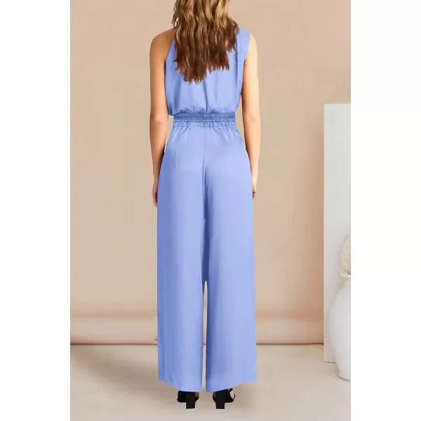imagePRETTYGARDEN Womens 2 Piece Outfits 2023 Summer Casual Sleeveless Mock Neck Crop Tops Wide Leg Pants SetSky Blue
