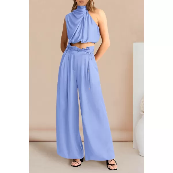imagePRETTYGARDEN Womens 2 Piece Outfits 2023 Summer Casual Sleeveless Mock Neck Crop Tops Wide Leg Pants SetSky Blue
