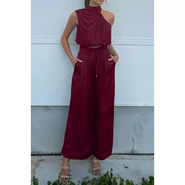 imagePRETTYGARDEN Womens 2 Piece Outfits 2023 Summer Casual Sleeveless Mock Neck Crop Tops Wide Leg Pants SetWine Red