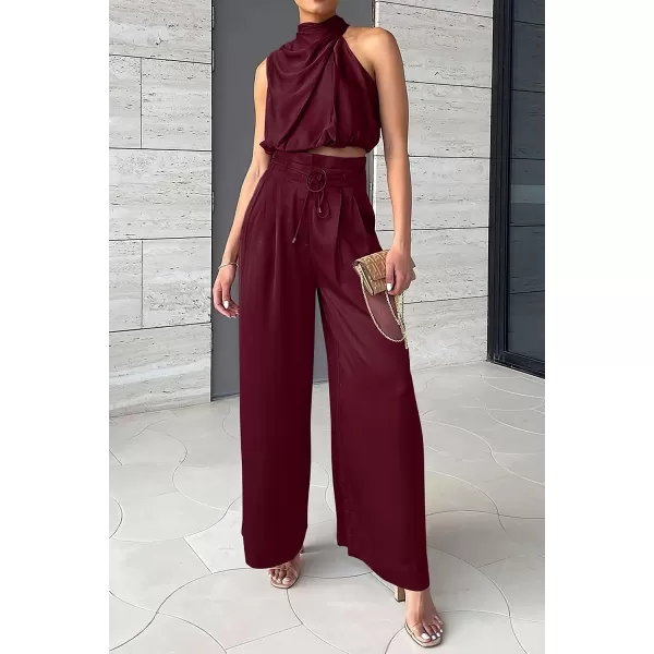 imagePRETTYGARDEN Womens 2 Piece Outfits 2023 Summer Casual Sleeveless Mock Neck Crop Tops Wide Leg Pants SetWine Red