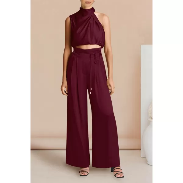 imagePRETTYGARDEN Womens 2 Piece Outfits 2023 Summer Casual Sleeveless Mock Neck Crop Tops Wide Leg Pants SetWine Red
