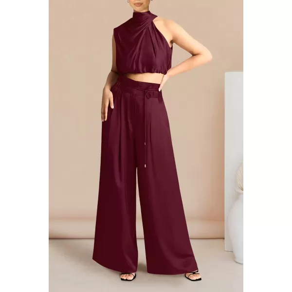 imagePRETTYGARDEN Womens 2 Piece Outfits 2023 Summer Casual Sleeveless Mock Neck Crop Tops Wide Leg Pants SetWine Red