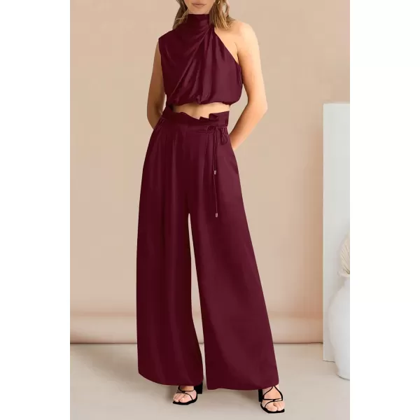 imagePRETTYGARDEN Womens 2 Piece Outfits 2023 Summer Casual Sleeveless Mock Neck Crop Tops Wide Leg Pants SetWine Red