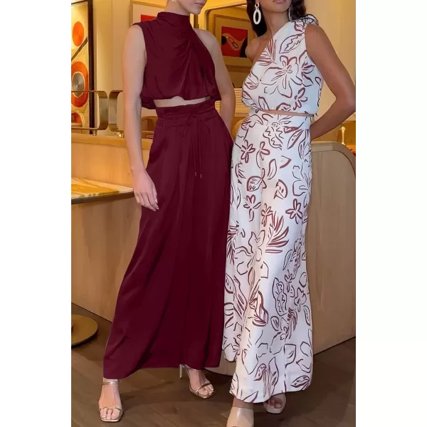 imagePRETTYGARDEN Womens 2 Piece Outfits 2023 Summer Casual Sleeveless Mock Neck Crop Tops Wide Leg Pants SetWine Red